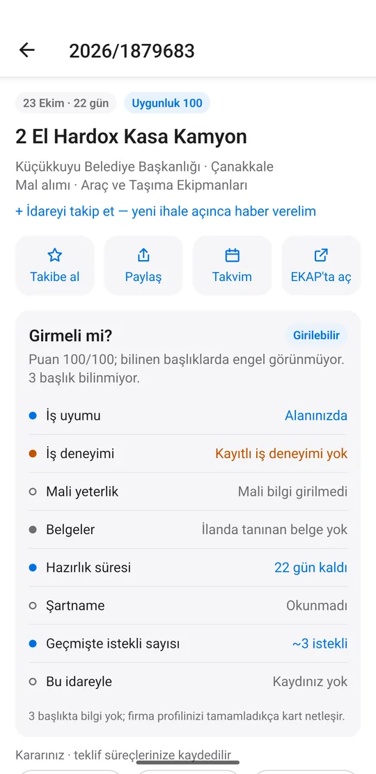 İhaleKap mobil uygulaması: ilan ekranında “Girmeli mi?” kartı